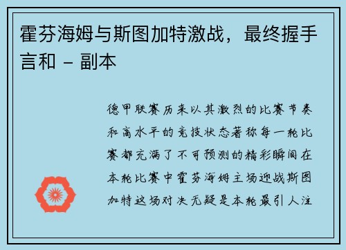 霍芬海姆与斯图加特激战，最终握手言和 - 副本