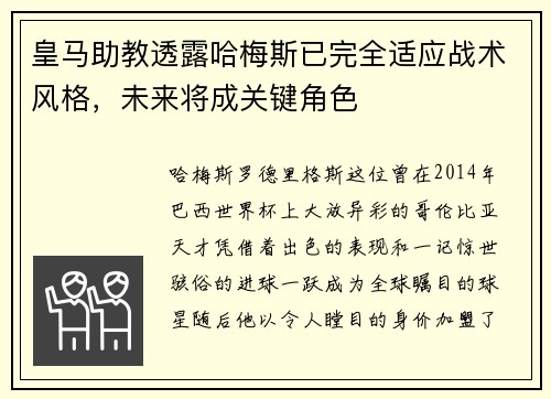 皇马助教透露哈梅斯已完全适应战术风格，未来将成关键角色