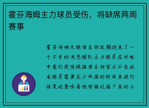 霍芬海姆主力球员受伤，将缺席两周赛事