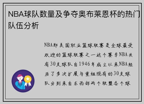 NBA球队数量及争夺奥布莱恩杯的热门队伍分析