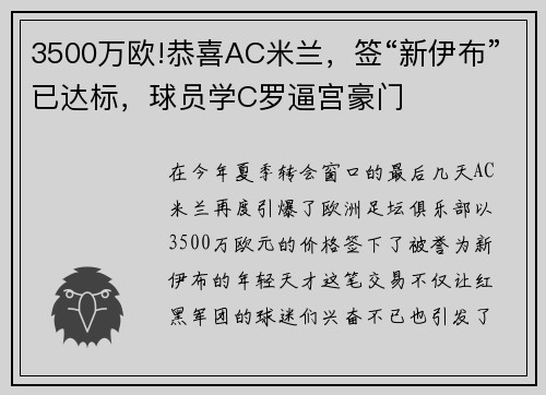 3500万欧!恭喜AC米兰，签“新伊布”已达标，球员学C罗逼宫豪门
