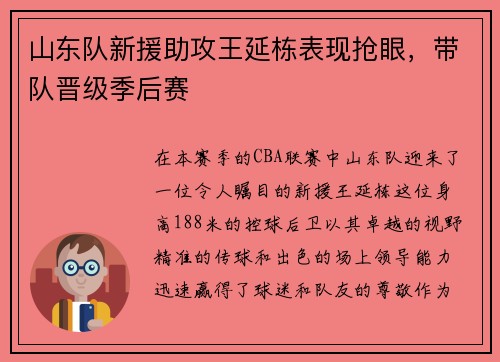 山东队新援助攻王延栋表现抢眼，带队晋级季后赛