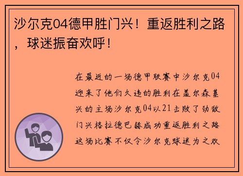 沙尔克04德甲胜门兴！重返胜利之路，球迷振奋欢呼！