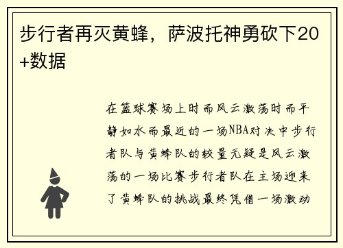 步行者再灭黄蜂，萨波托神勇砍下20+数据