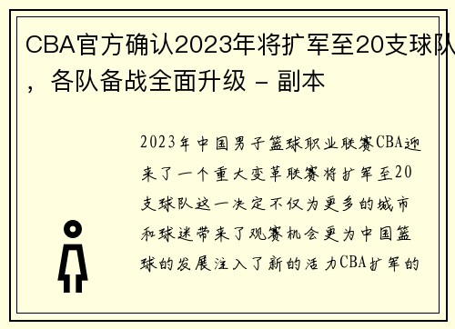 CBA官方确认2023年将扩军至20支球队，各队备战全面升级 - 副本