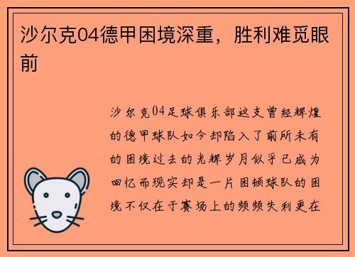 沙尔克04德甲困境深重，胜利难觅眼前