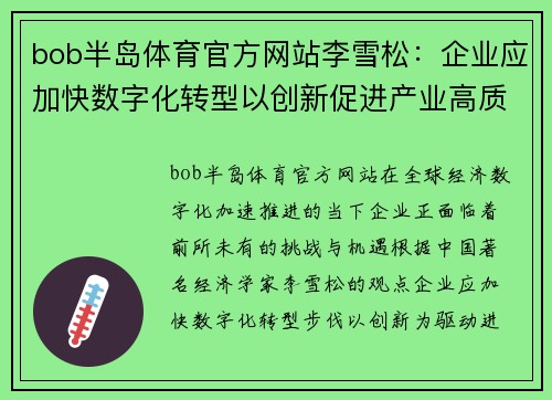 bob半岛体育官方网站李雪松：企业应加快数字化转型以创新促进产业高质量发展
