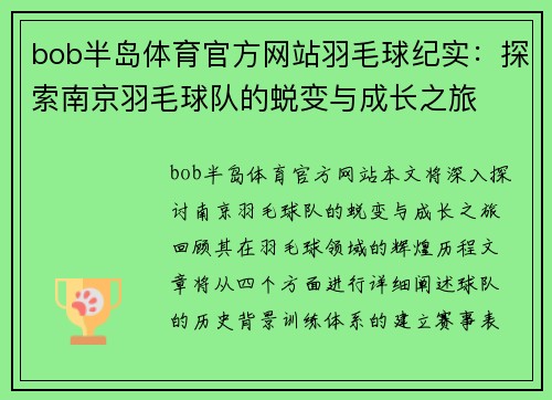 bob半岛体育官方网站羽毛球纪实：探索南京羽毛球队的蜕变与成长之旅