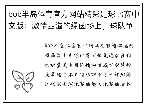 bob半岛体育官方网站精彩足球比赛中文版：激情四溢的绿茵场上，球队争夺荣耀与胜利的巅峰对决
