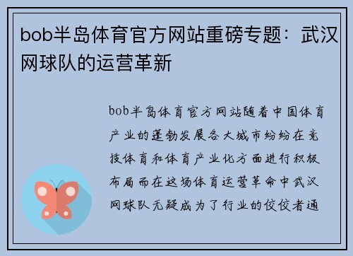 bob半岛体育官方网站重磅专题：武汉网球队的运营革新