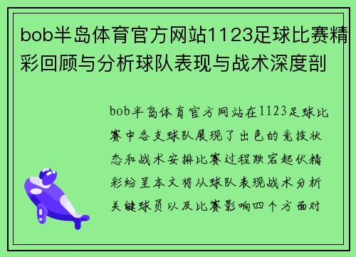 bob半岛体育官方网站1123足球比赛精彩回顾与分析球队表现与战术深度剖析